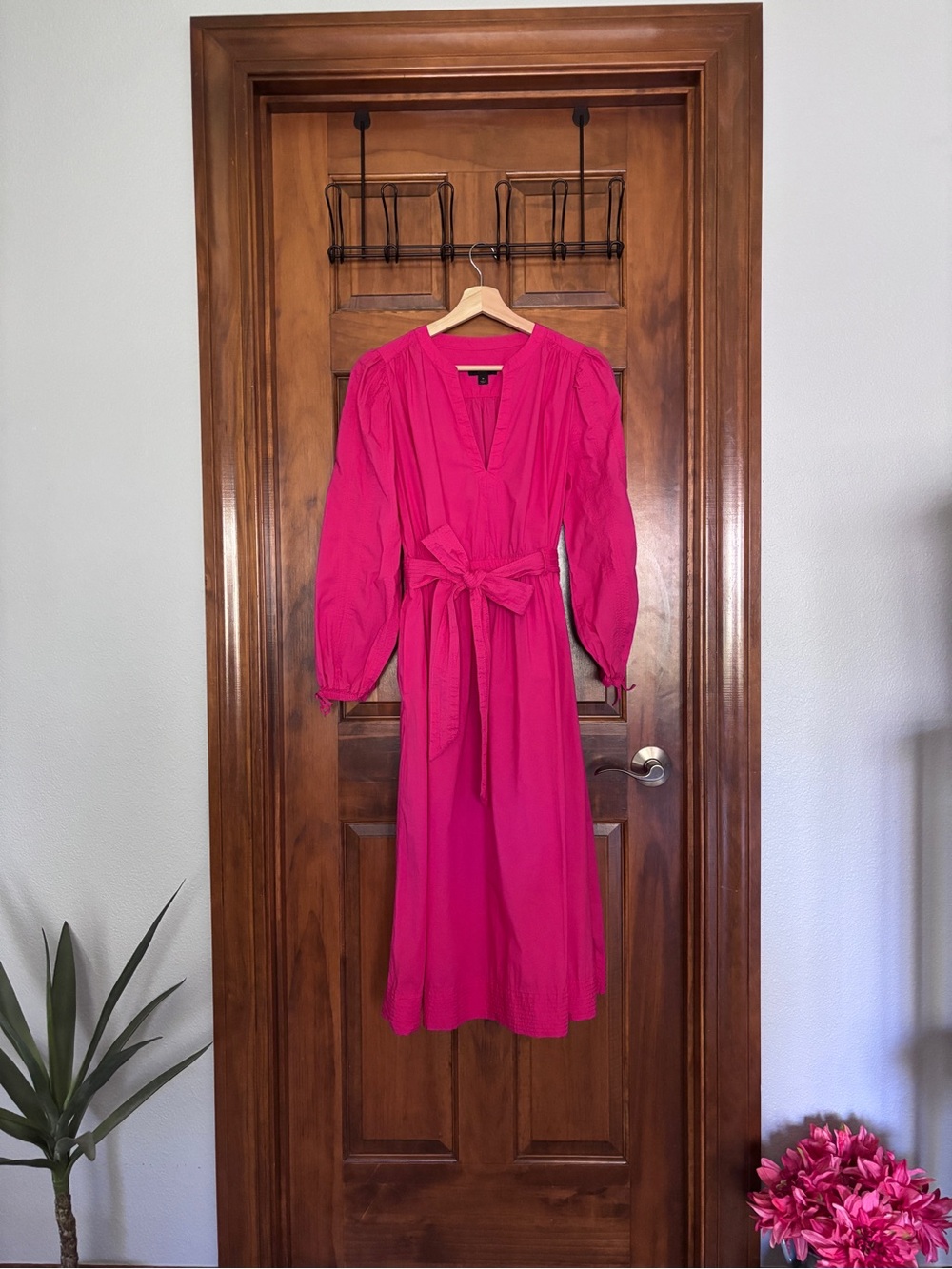 J. Crew Hot Pink Long Sleeve Tie-Waist Midi Dress